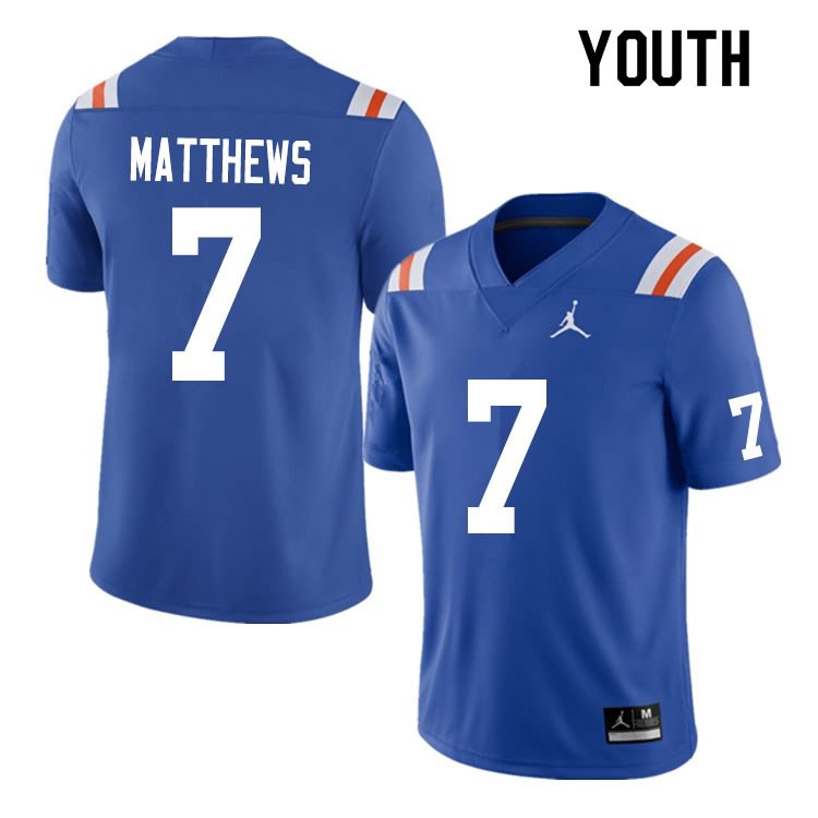 Youth NCAA Florida Gators Luke Matthews #7 Stitched Authentic Nike Blue Throwback College Football Jersey UGH2565JV